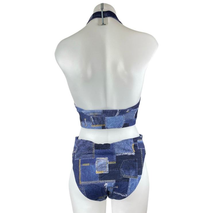WeWoreWhat Women's Blue Patchworks Halter Two Piece Bikini Swimsuit Swimwear M