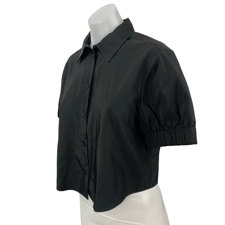Zara Women's Black Collared Short Sleeve Crop Button Down Shirt Blouse Top Sz S