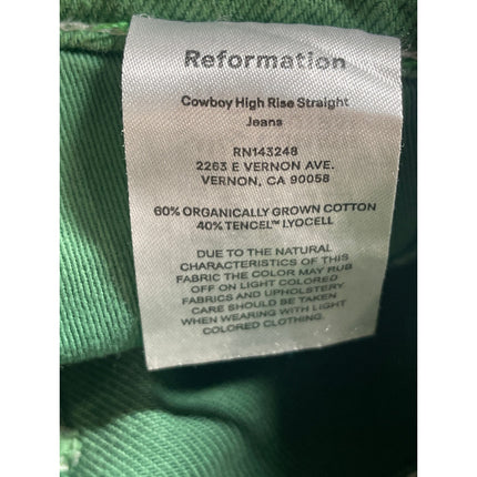 Reformation Jeans Green High Rise Barrel Wide Leg Carpenter Denim Jeans Pants 26