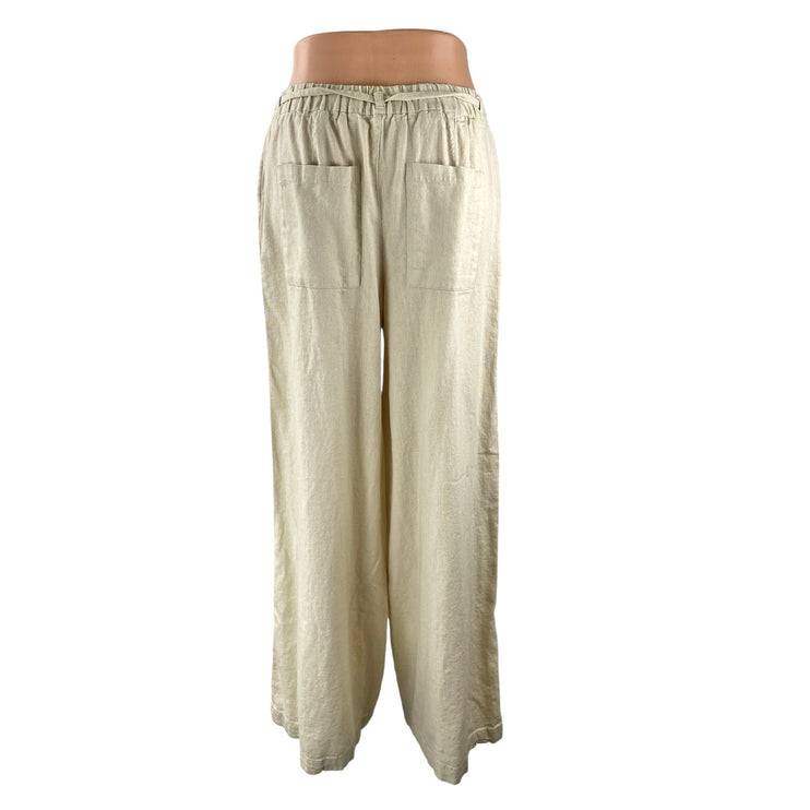 Zara Women's Beige Linen Drawstring Pleated Wide Leg Baggy Trousers Pants Size S