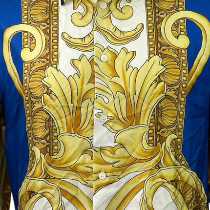 NEW Versace 100% Silk Blue Gold Renaissance Baroque Print Long Sleeve Shirt 48