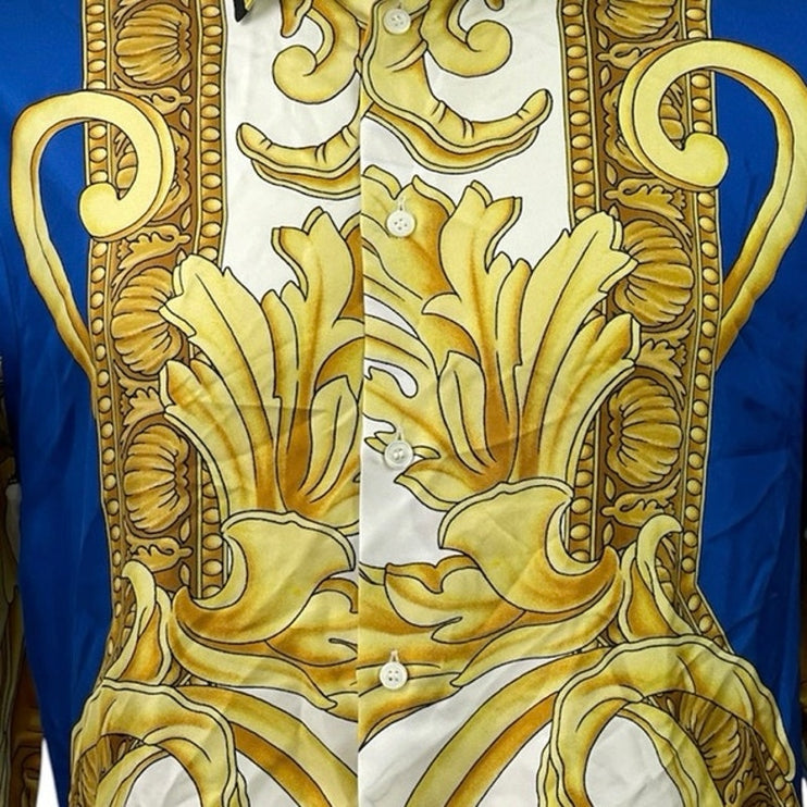NEW Versace 100% Silk Blue Gold Renaissance Baroque Print Long Sleeve Shirt 48