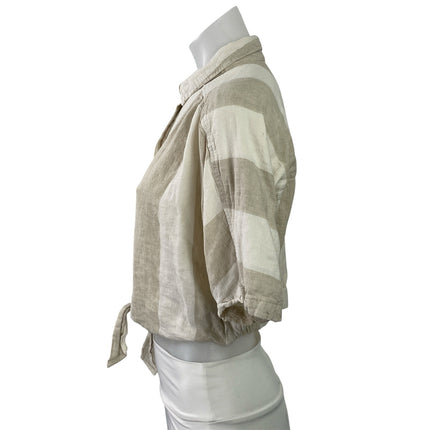 Urban Outfitters BDG Beige Linen Short Sleeve Stripe Tie Button Up Shirt Top S