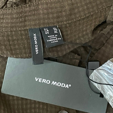 NEW Vero Moda Womens Brown Long Sleeves Button Front Ruffles Mock Blouse Top XL
