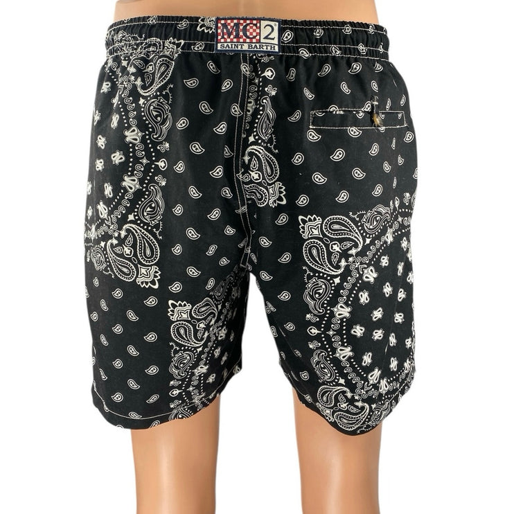 MC2 Saint Barth Men's Black Paisley Bandana Elastic Waist Jumbo Swim Shorts Sz L