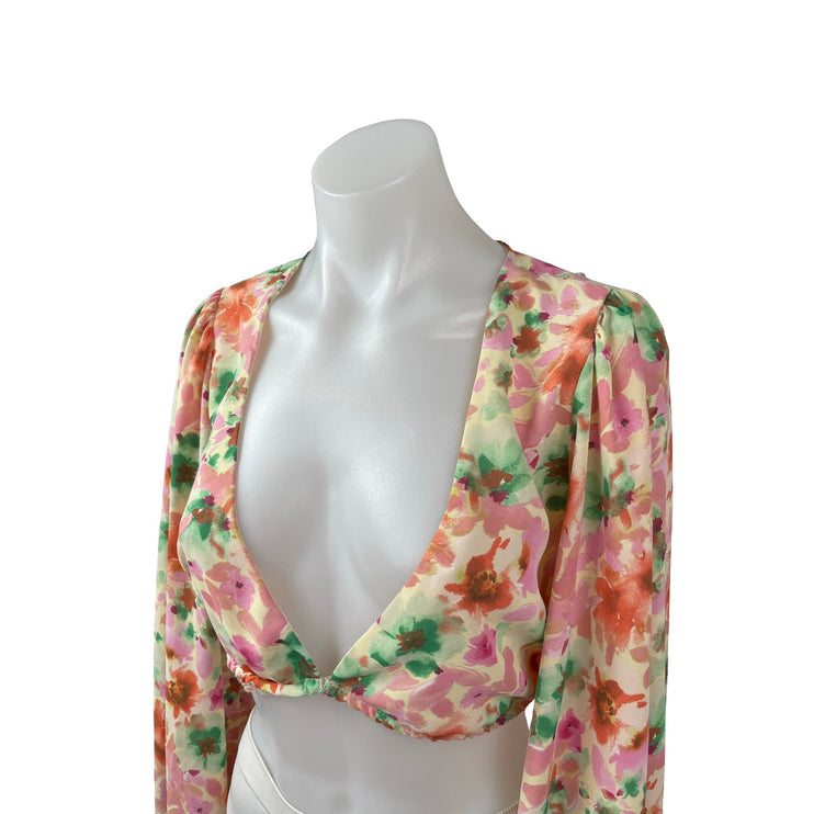 Princess Polly Coral Floral Long Sleeve Deep V Neck Plunge Blouse Crop Top Sz 6