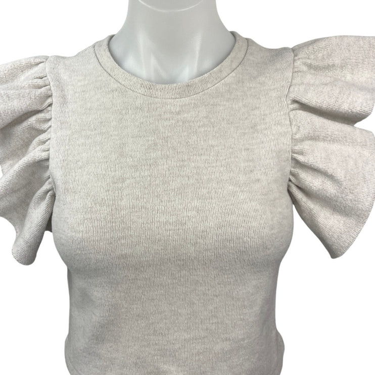 Zara Gray White Ruffle Flutter Sleeve Round Neck Stretch Knit Crop Top Blouse S