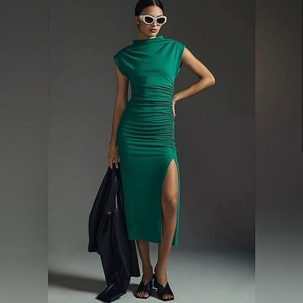 Anthropologie Maya Green Ruched Cowl Neck Sleeveless Slit Midi Bodycon Dress XXS