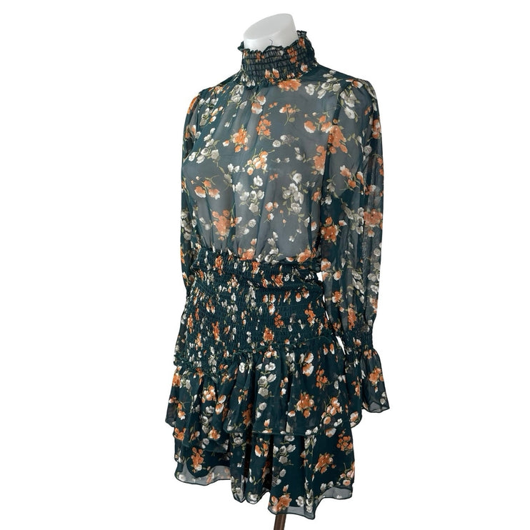 Princess Polly Evening Bloom Green Semi Sheer Ruffled Tiered Floral Mini Dress 6