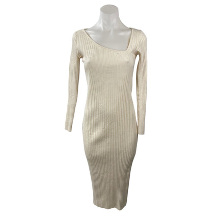 Zara Cream Ribbed Knit Asymmetric Neck Long Sleeve Midi Bodycon Dress Size M