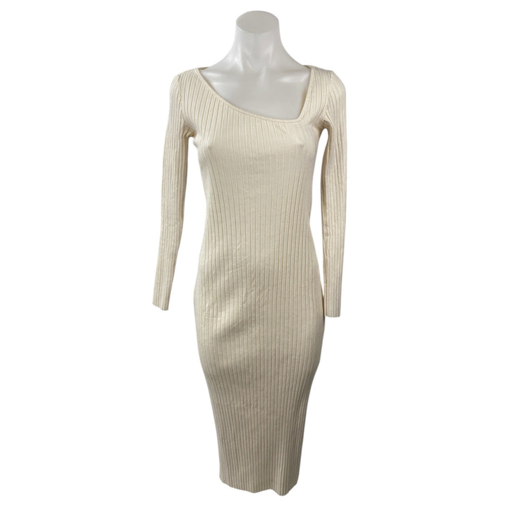 Zara Cream Ribbed Knit Asymmetric Neck Long Sleeve Midi Bodycon Dress Size M