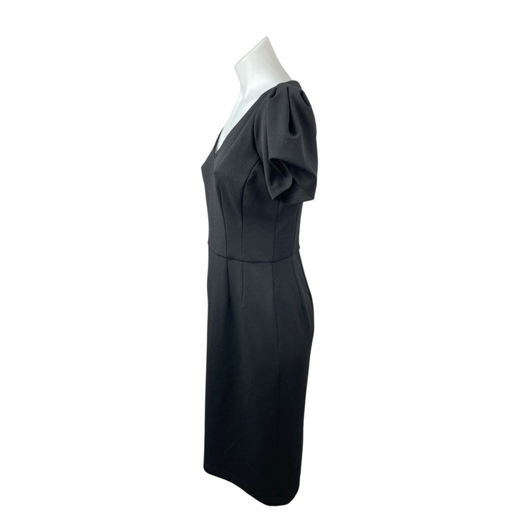Maggy London Black Short Puff Sleeve V Neck Pencil Midi Sheath Dress Size 4