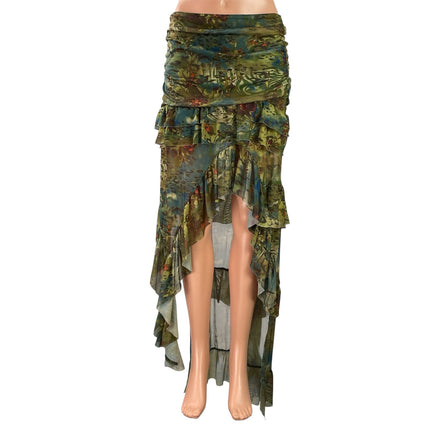 SHEIN BAE Green Leopard Animal Tropical Print Ruffle Asymmetrical Skirt Size M