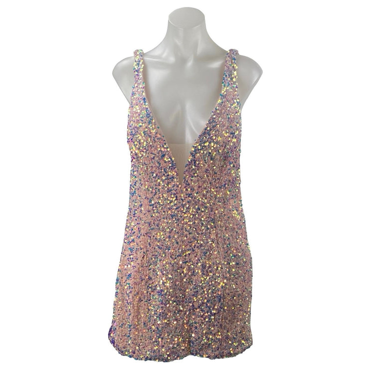 Sherri Hill Pink Sequin Sparkly Shimmer Party Vneck Open Back Mini Tank Dress 16