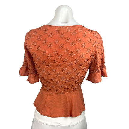 American Eagle Orange Embroidered Floral Tie Front V Neck Peplum Blouse Top Sz S