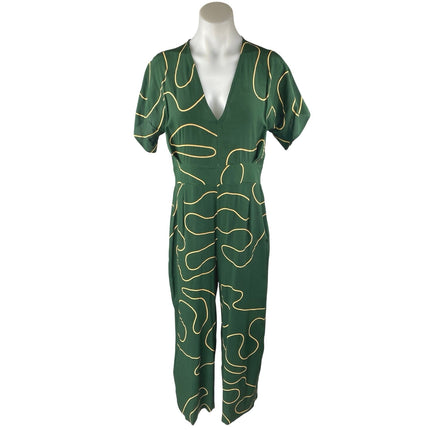 Ali Golden Women's Green Gold Silk Abstract Short Sleeve V Neck Crop Jumpsuit S