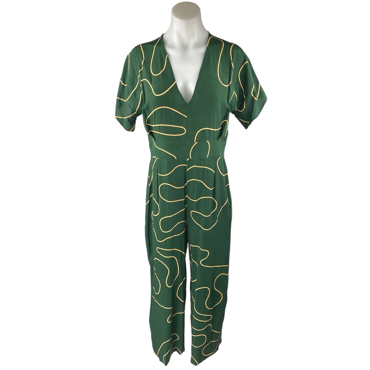 Ali Golden Women's Green Gold Silk Abstract Short Sleeve V Neck Crop Jumpsuit S