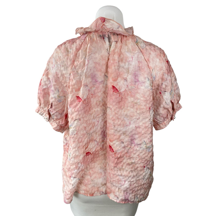 Alice Blue Women's Pink Butterfly Pink Short Puff Sleeve Tie Ruffle Blouse Top L