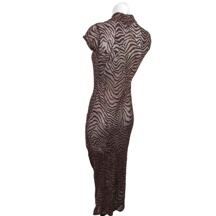 PrettyLittleThing Brown Mesh Zebra Print High Neck Ruched Maxi Bodycon Dress 4