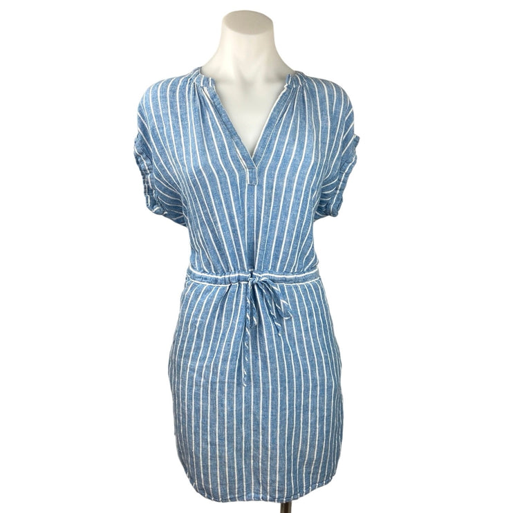 Rails Blue Emma Linen V-neck Striped Drawstring Short Sleeve Pockets Dress Sz S