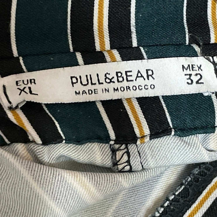 Pull & Bear Green Striped High Waisted Skinny Leg Paper Bag Trousers Pants Sz XL