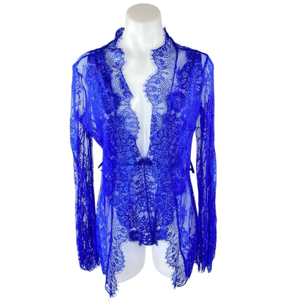 Women's Blue Floral Lace Deep Neck Chiffon Sheer 2-Piece Lingerie Matching Set L