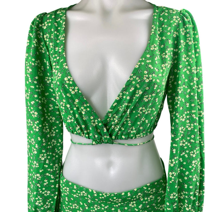 Princess Polly Charlie Green Floral Deep V Neck  Wrap Top Mini Flare Skirt Set 4