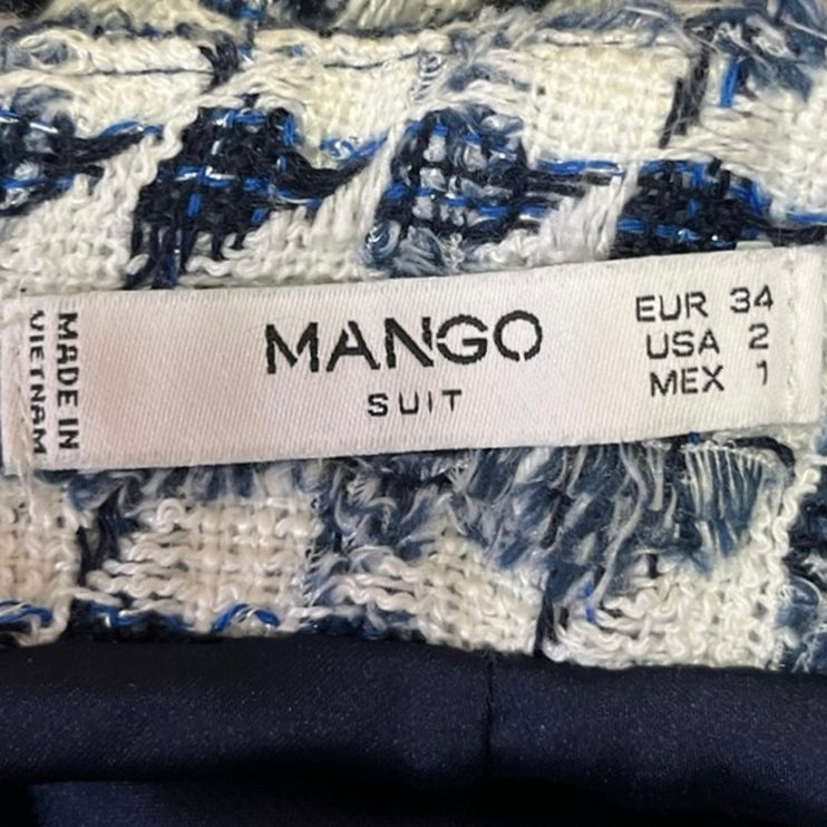 Mango Suit Blue White Tweed Fringe Button Details Mini Straight Pencil Skirt 2