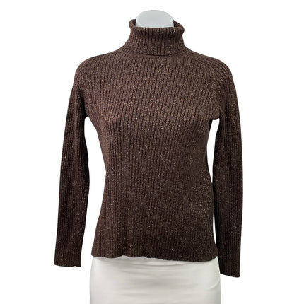 Lord & Taylor Women's Brown Glitter Ribbed Knit Turtleneck Long Sleeve Sweater S