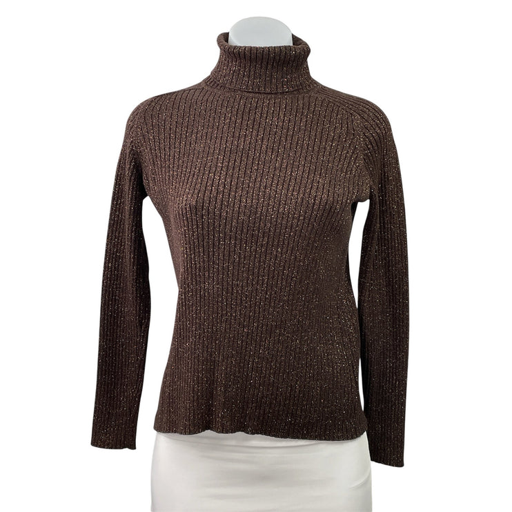 Lord & Taylor Women's Brown Glitter Ribbed Knit Turtleneck Long Sleeve Sweater S