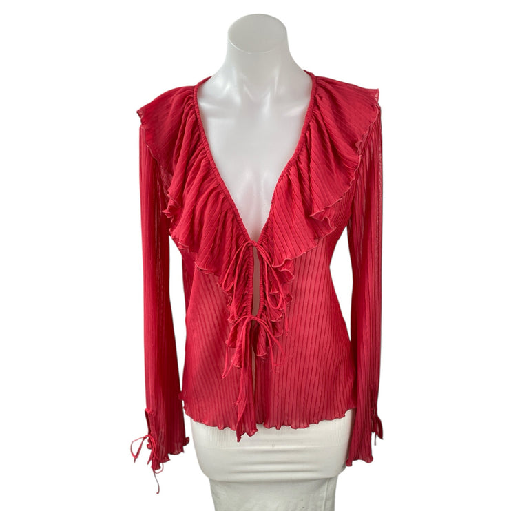 Zara Womens Red Sheer Ruffled Tie Front V Neck Long Sleeve Cardigan Blouse Top L