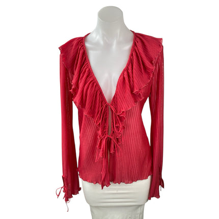 Zara Womens Red Sheer Ruffled Tie Front V Neck Long Sleeve Cardigan Blouse Top L