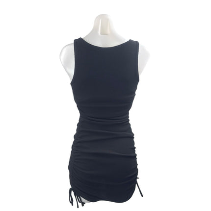 Lulus Women's Black Ribbed Ruched Sleeveless Mini Tank Sheath Bodycon Dress S