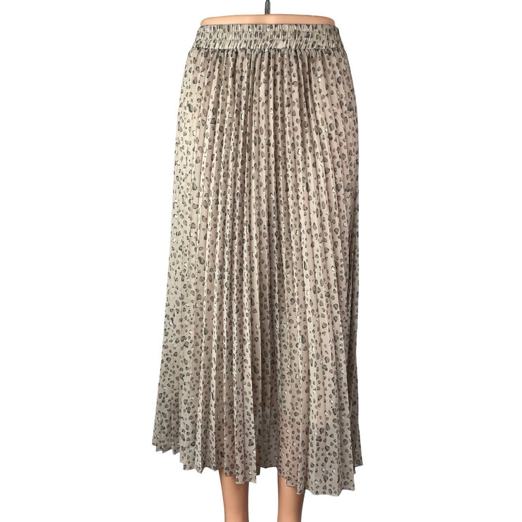 Exlura Beige Leopard Animal Print Pleated High Waist A Line Midi Skirt Size S