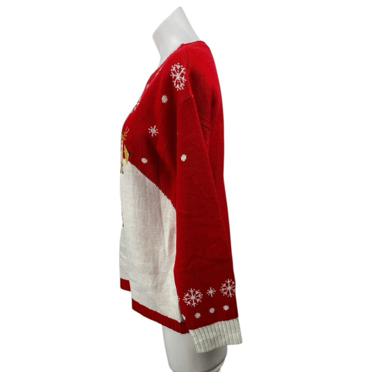Women's Red Santa Claus Reindeer Fair Isle Embroidered Long Sleeve Sweater Sz M