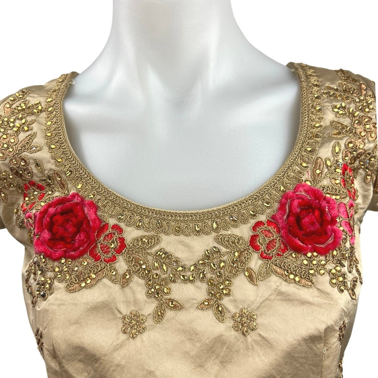 Gold Silk Satin Sequin Rhinestone Embroidered Indian Floral Saree Blouse Top S