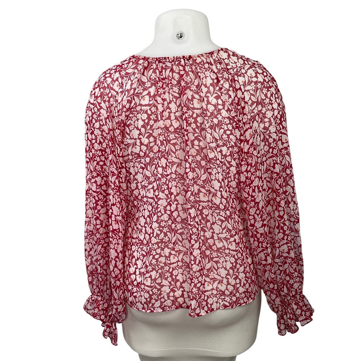 Zara Women's Red White Long Sleeves Floral Ruffles Sheer Crop Blouse Top Sz XL