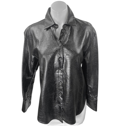 Zara Women's Black Faux Leather Vegan Croc Long Sleeve Button Up Jacket Size S