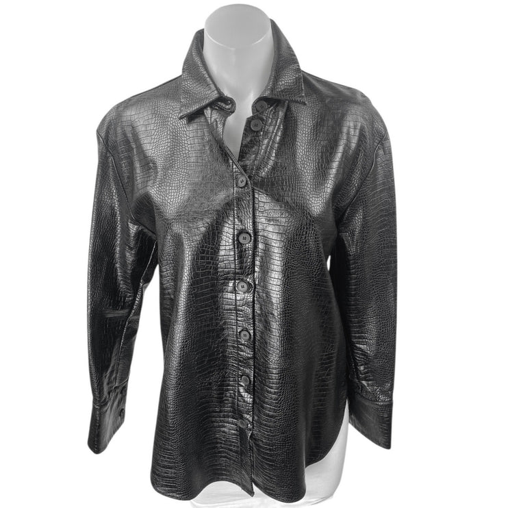 Zara Women's Black Faux Leather Vegan Croc Long Sleeve Button Up Jacket Size S