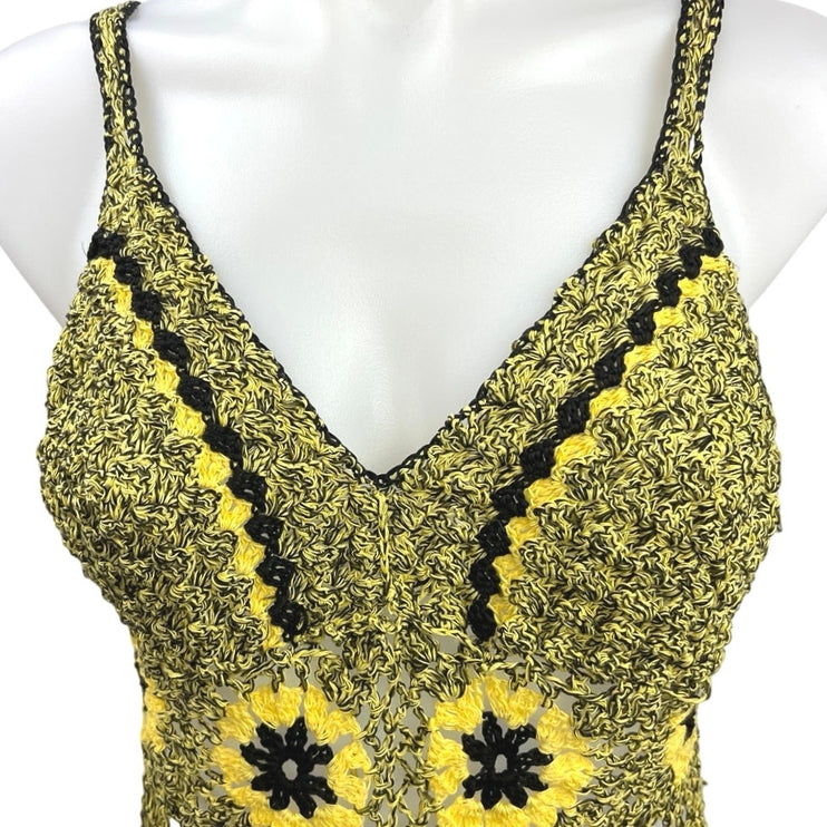 Women's Yellow Floral Crochet Handmade Boho Beach Cover Up Mini Dress Size S