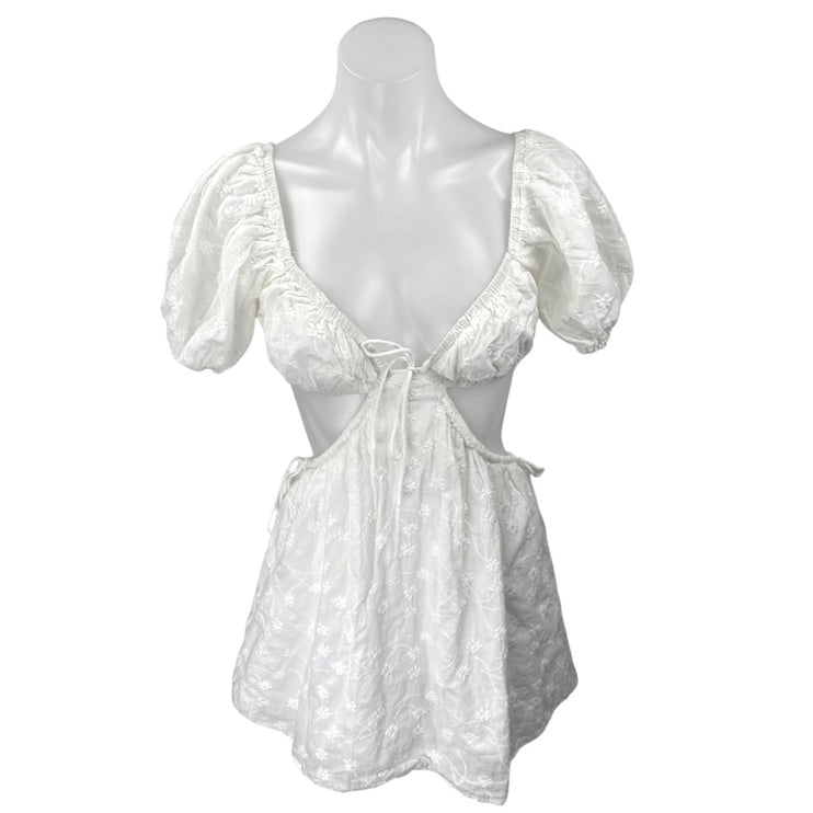 SABO Eilish White Floral Embroidered Cutout Puff Short Sleeve Mini Dress Size XS