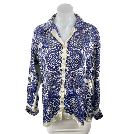 Zara Women's Blue Silky Satin Paisley Collared Button Down Shirt Blouse Top Sz S