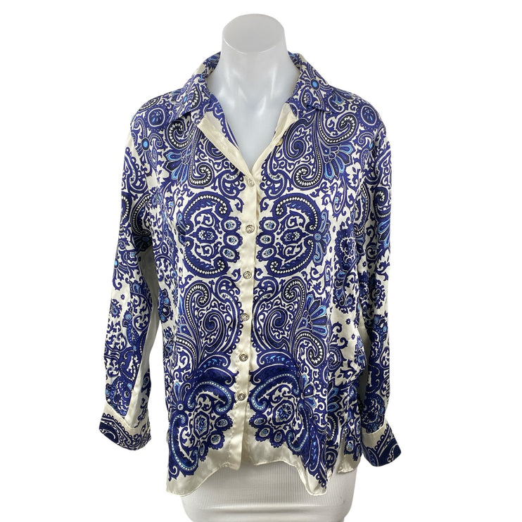 Zara Women's Blue Silky Satin Paisley Collared Button Down Shirt Blouse Top Sz S