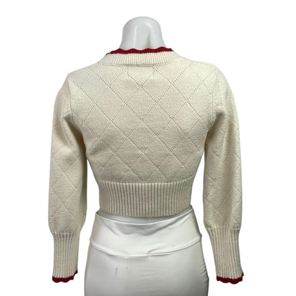 Cider Cream Red Strawberry Knit V Neck Button Up Crop Cardigan Sweater Size S