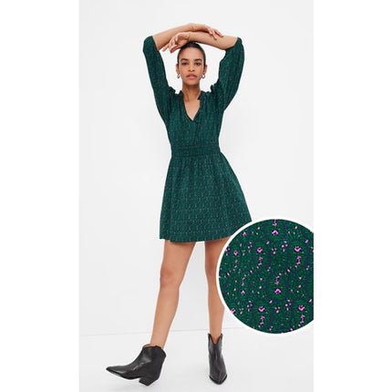 Gap Green Long Puff Sleeve Smocked Waist Paisley Floral A Line Mini Dress Size M