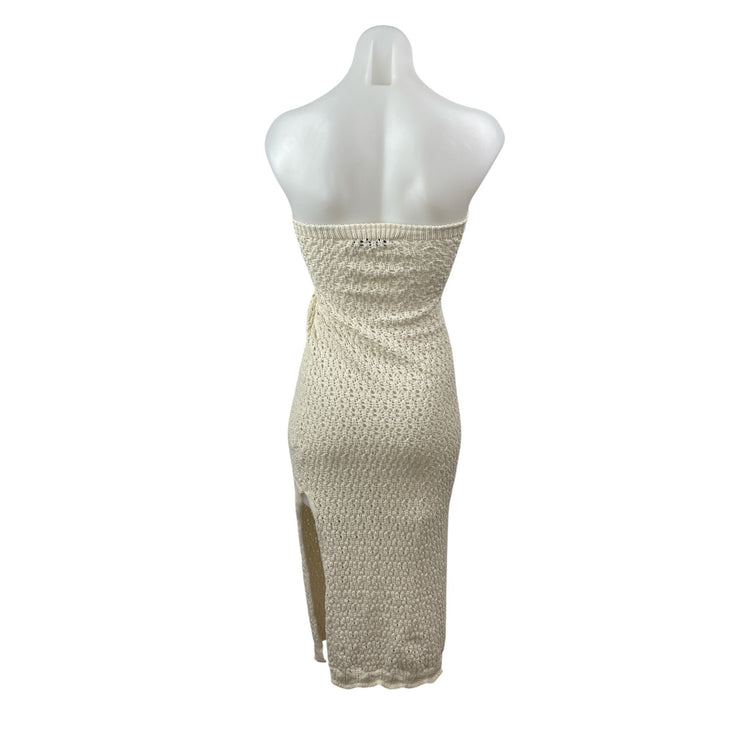 Zara Cream Crochet Knit Strapless Twist Front Slit Midi Bodycon Dress Size M