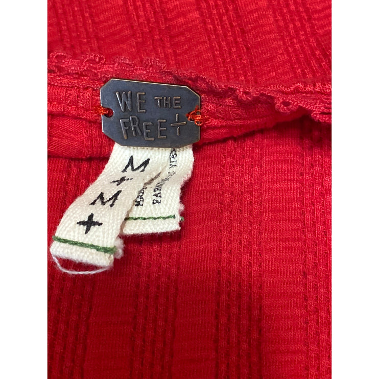 Free People We The Free Red Ribbed Knit Long Sleeve Henley V Neck Blouse Top M