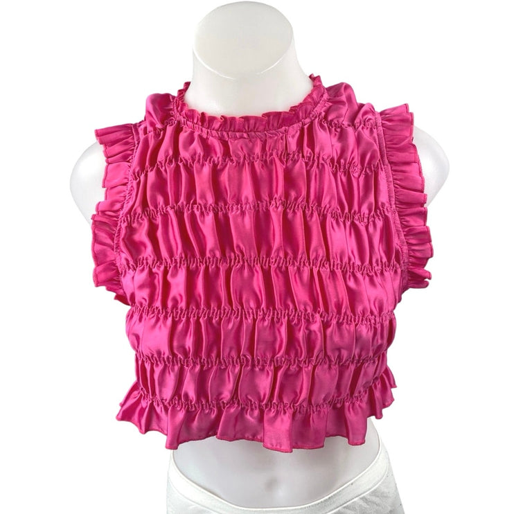 Zara Pink Silk Satin Sleeveless Ruffle Mock Neck Ruched Blouse Crop Top Size S