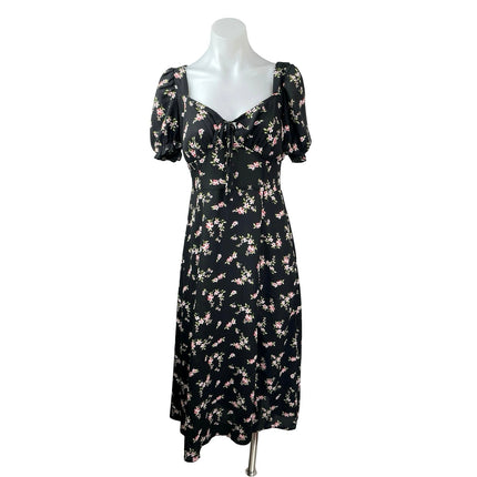 Hesperus Black Floral Ditsy Short Puff Sleeve Tie Smocked A Line Midi Dress Sz M