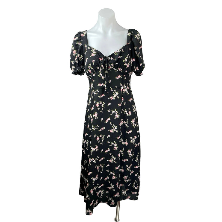 Hesperus Black Floral Ditsy Short Puff Sleeve Tie Smocked A Line Midi Dress Sz M